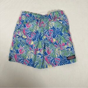 Vineyard Vines Boys Tropical Leaf Print Swim Trunks Blue Green Pink Size M